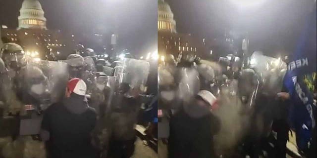 Capsel is allegedly seen clashing with National Guard troops holding the line with riot shields outside the U.S. 국회 의사당. (법무부)
