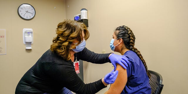 BLOOMINGTON, INDIANA, UNITED STATES - 2020/12/18: Zaira Hernandez, front line Healthcare worker is vaccinated with the Pfizer covid-19 vaccine by Amy Meek at IU Health Bloomington. (Photo by Jeremy Hogan/SOPA Images/LightRocket via Getty Images)