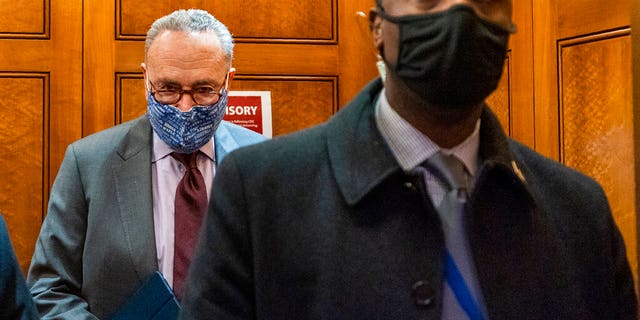 Senate Majority Leader Chuck Schumer of N.Y, takes the elevator in the U.S. Capitol, Friday, Jan. 22, 2021, in Washington. (AP Photo/Manuel Balce Ceneta)