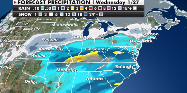 Expected rain and snowfall totals by mid-week. (Fox News)