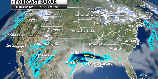 Forecasted weather systems for Thursday. (Fox News)