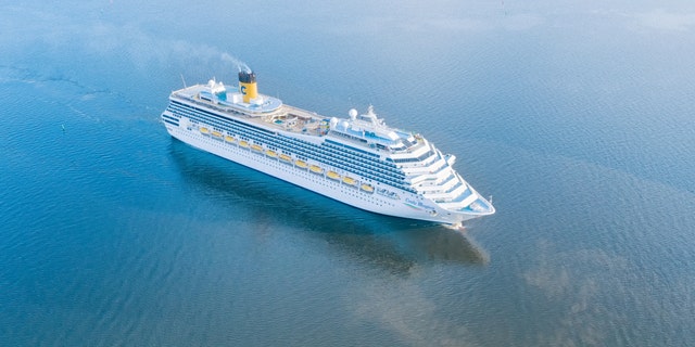 An aerial view of the Costa Magica cruise ship near Saint Petersburg, Russia.