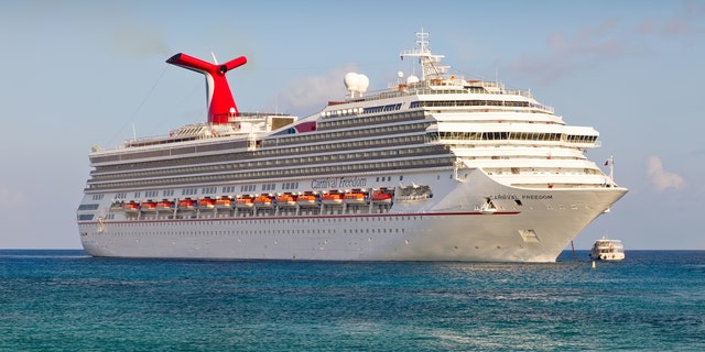 The Carnival's Freedom cruise ship anchored in the Caribbean Sea.