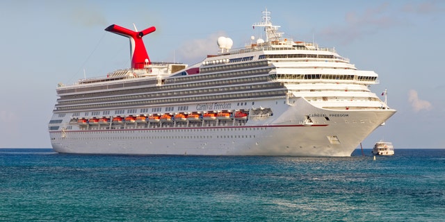 The Carnival's Freedom cruise ship anchored in the Caribbean Sea.