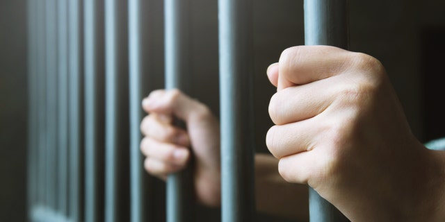 FILE- A person holds on to the bars of a jail cell.