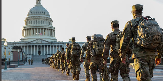 Members of the U.S. National Guard arrive at the U.S. Capitol on Jan. 12, 2021 in Washington, DC. The Pentagon is deploying as many as 15,000 National Guard troops to protect President-elect Joe Biden's inauguration on January 20, amid fears of new violence. (Tasos Katopodis/Getty Images)