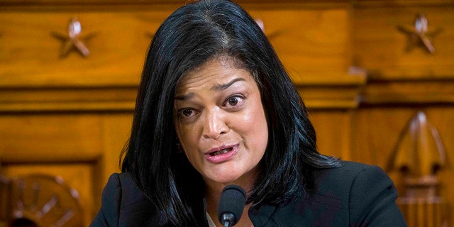 Rep. Pramila Jayapal (D-Wash.) questions Intelligence Committee Minority Counsel Stephen Castor and Intelligence Committee Majority Counsel Daniel Goldman during House impeachment inquiry hearings before the House Judiciary Committee on Capitol Hill Dec. 9, 2019, in Washington, D.C. Jayapal spoke Thursday at a press conference aimed at pressuring Democratic senators to end the filibuster. (Doug Mills-Pool/Getty Images)