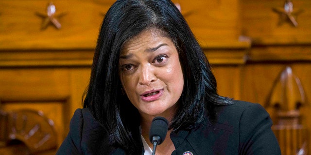 Rep. Pramila Jayapal (D-Wash.) questions Intelligence Committee Minority Counsel Stephen Castor and Intelligence Committee Majority Counsel Daniel Goldman during House impeachment inquiry hearings before the House Judiciary Committee on Capitol Hill Dec. 9, 2019, in Washington, D.C. Jayapal spoke Thursday at a press conference aimed at pressuring Democratic senators to end the filibuster. (Doug Mills-Pool/Getty Images)