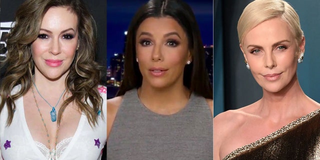 Van links: Alyssa Milano, Eva Longoria and Charlize Theron have all signed a letter supporting temporary basic income for struggling mothers during the pandemic.