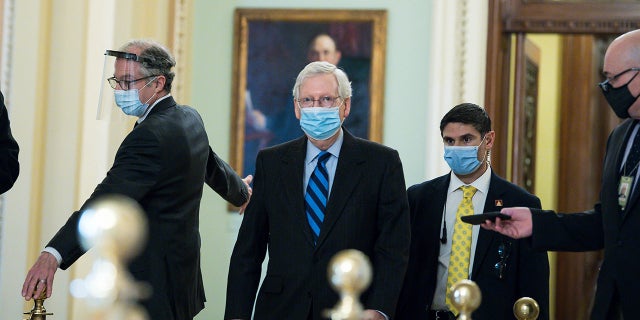 Senate Majority Leader Mitch McConnell (R-KY) leaves the Senate Chamber after opening the Senate floor at the U.S. Capitol on January 1, 2021 in Washington, DC.  (Photo by Liz Lynch/Getty Images)