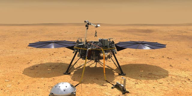 This illustration shows NASA's InSight spacecraft with its instruments on the Martian surface.  (Credit: NASA / JPL-Caltech)
