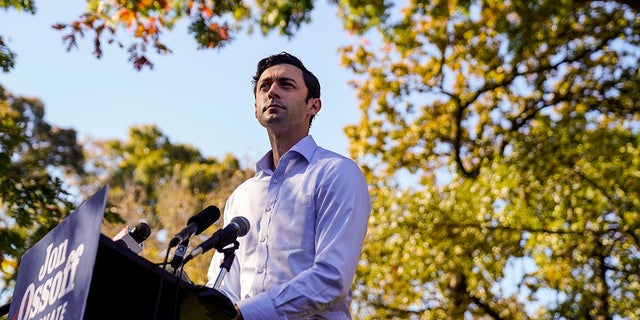 Jon Ossoff holds a campaign event at Grant Park on Nov. 6, 2020, in Atlanta.