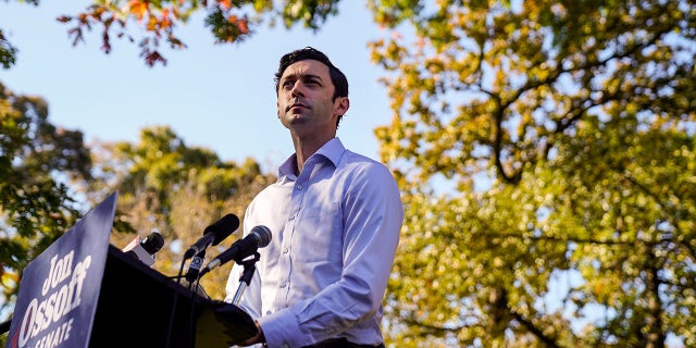 Jon Ossoff holds a campaign event at Grant Park on Nov. 6, 2020, in Atlanta.