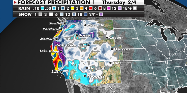 Forecasted precipitation totals for the western U.S. (福克斯新闻)