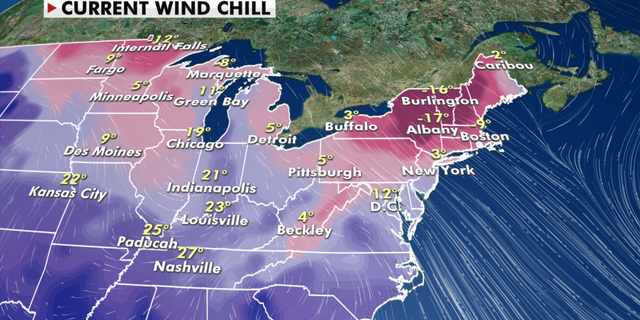 Current wind cooling conditions over the Midwest and Northeast. (Fox news)