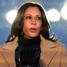 Vice President-elect Kamala Harris speaks during a COVID-19 memorial, with lights placed around the Lincoln Memorial Reflecting Pool, Tuesday, Jan. 19, 2021, in Washington.