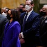 Vice President-elect Kamala Harris and her husband Doug Emhoff attend Mass at the Cathedral of St. Matthew the Apostle during Inauguration Day ceremonies Wednesday, Jan. 20, 2021, in Washington. (AP Photo/Evan Vucci)