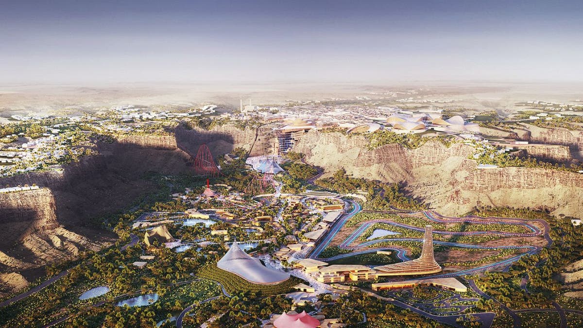 This rendering shows the future Six Flags Qiddiya outside Riyadh, Saudi Arabia.