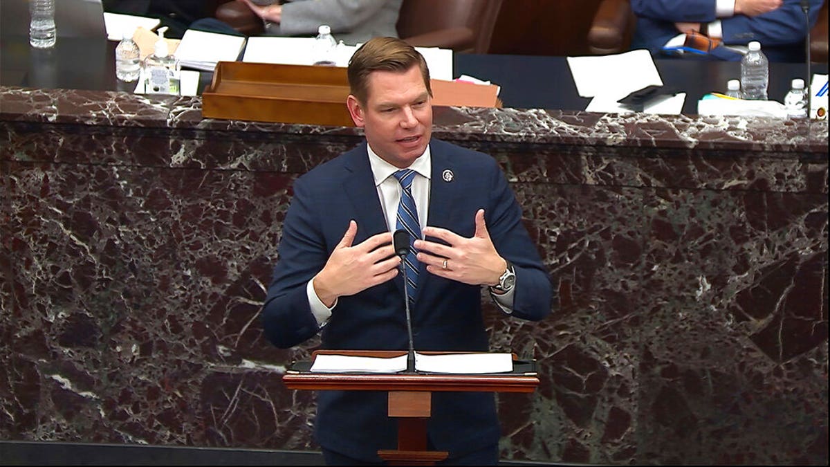 In this image from video, House impeachment manager Rep. Eric Swalwell, D-Calif., speaks during the second impeachment trial of former President Donald Trump in the Senate at the U.S. Capitol in Washington.