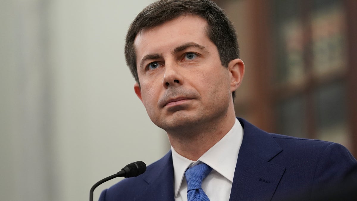 In this Jan. 21, 2021, file photo, Transportation Secretary nominee Pete Buttigieg speaks during a Senate Commerce, Science and Transportation Committee confirmation hearing on Capitol Hill in Washington. Buttigieg is one of the top Biden Cabinet secretaries selling the president's "American Jobs Plan." (Stefani Reynolds/Pool via AP)