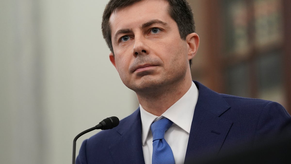 In this Jan. 21, 2021, file photo, Transportation Secretary nominee Pete Buttigieg speaks during a Senate Commerce, Science and Transportation Committee confirmation hearing on Capitol Hill in Washington. Buttigieg is one of the top Biden Cabinet secretaries selling the president's "American Jobs Plan." (Stefani Reynolds/Pool via AP)