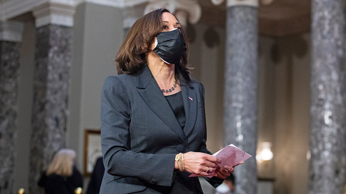 Vice President Kamala Harris attends a ceremonial swearing-in for Sen. Patrick Leahy, D-Vt., as President Pro Tempore of the Senate on Capitol Hill in Washington, Thursday, Feb. 4, 2021. Harris has changed her stance on the legislative filibuster since signing a letter in 2017 backing it. (Michael Reynolds/Pool via AP)