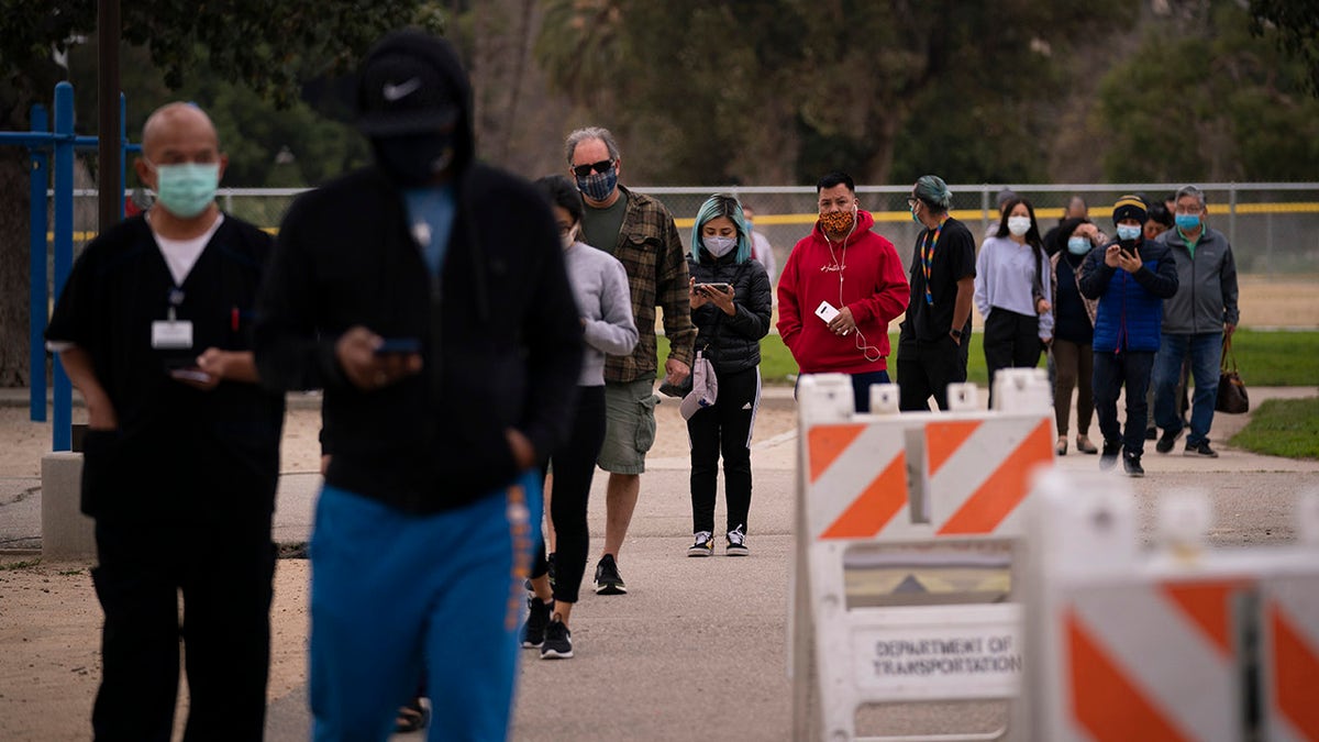People wait in line to get their COVID-19 vaccine at a vaccination site set up in a park in the Lincoln Heights neighborhood of Los Angeles, Tuesday, Feb. 9, 2021. (AP Photo/Jae C. Hong)