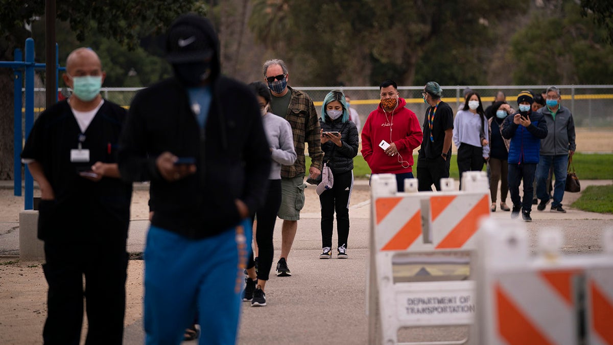 People wait in line to get their COVID-19 vaccine at a vaccination site set up in a park in the Lincoln Heights neighborhood of Los Angeles, Tuesday, Feb. 9, 2021. (AP Photo/Jae C. Hong)