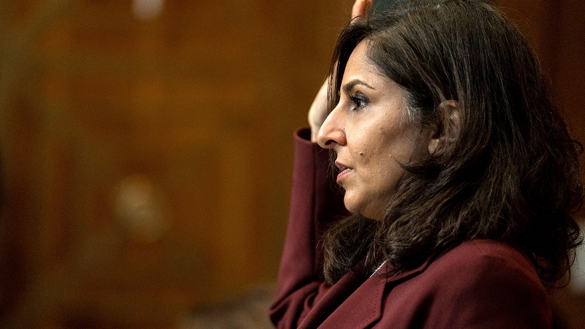 Neera Tanden, President Joe Biden's nominee for Director of the Office of Management and Budget (OMB), is sworn in before a Senate Committee on the Budget hearing on Capitol Hill in Washington, Wednesday, Feb. 10, 2021. (Anna Moneymaker/The New York Times via AP, Pool)