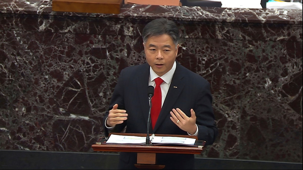 In this image from video, Rep. Ted Lieu, D-Calif., speaks during the second impeachment trial of former President Donald Trump in the Senate at the U.S. Capitol in Washington, D,C., Wednesday, Feb. 10, 2021. (Senate Television via AP)