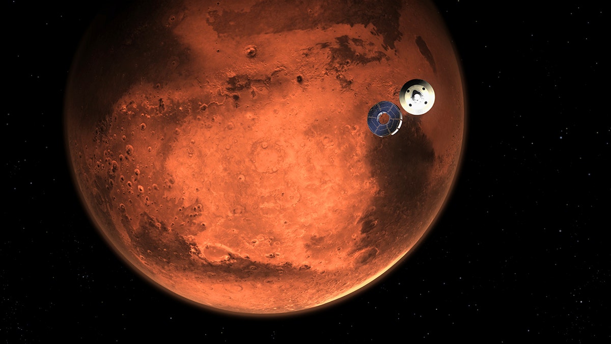 Small lander spacecraft approaches Mars, illustration by NASA