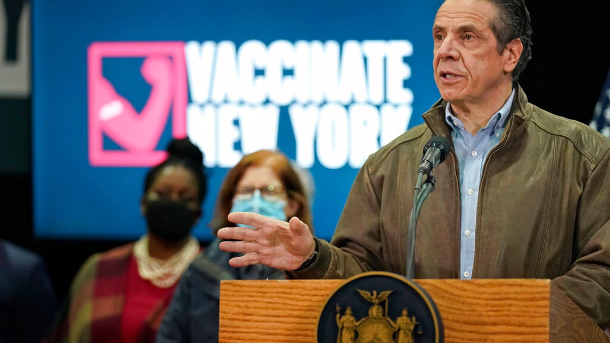 New York Gov. Andrew Cuomo speaks during a press conference before the opening of a mass COVID-19 vaccination site in the Queens borough of New York, Wednesday, Feb. 24, 2021.