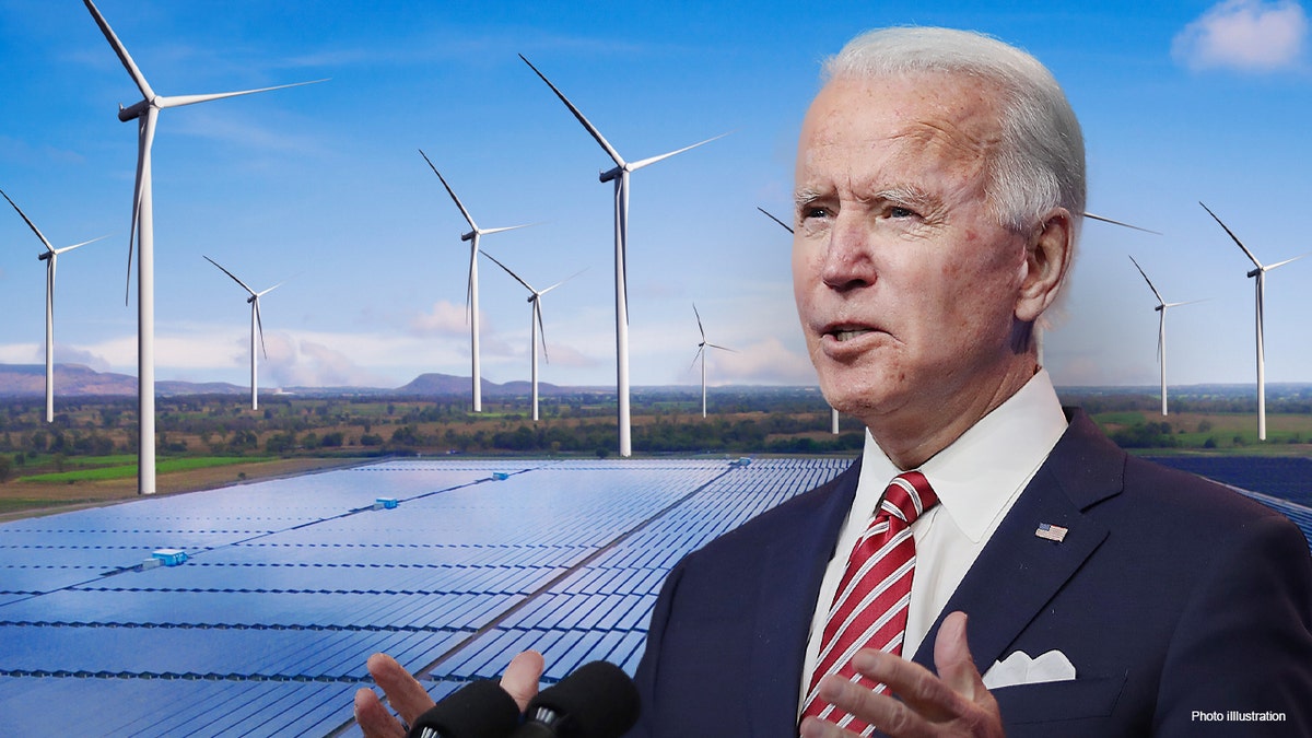 Photo illustration of President Biden foreground against wind and solar energy backdrop