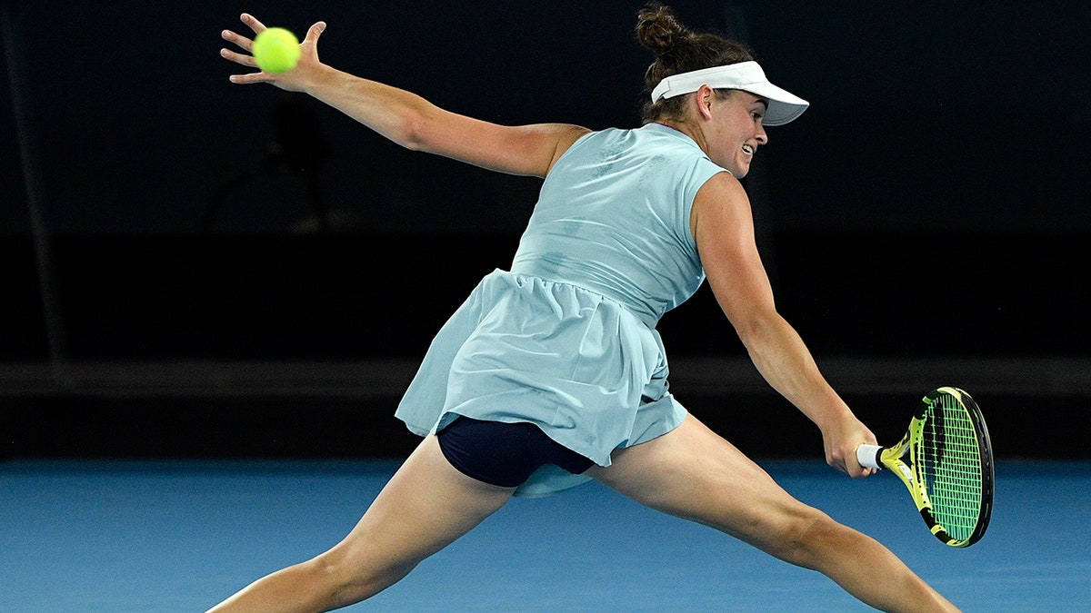 American Jennifer Brady hits a return to Japan's Naomi Osaka during the women's singles final at the Australian Open tennis championship in Melbourne, Australia, Saturday, Feb. 20, 2021. (Associated Press)