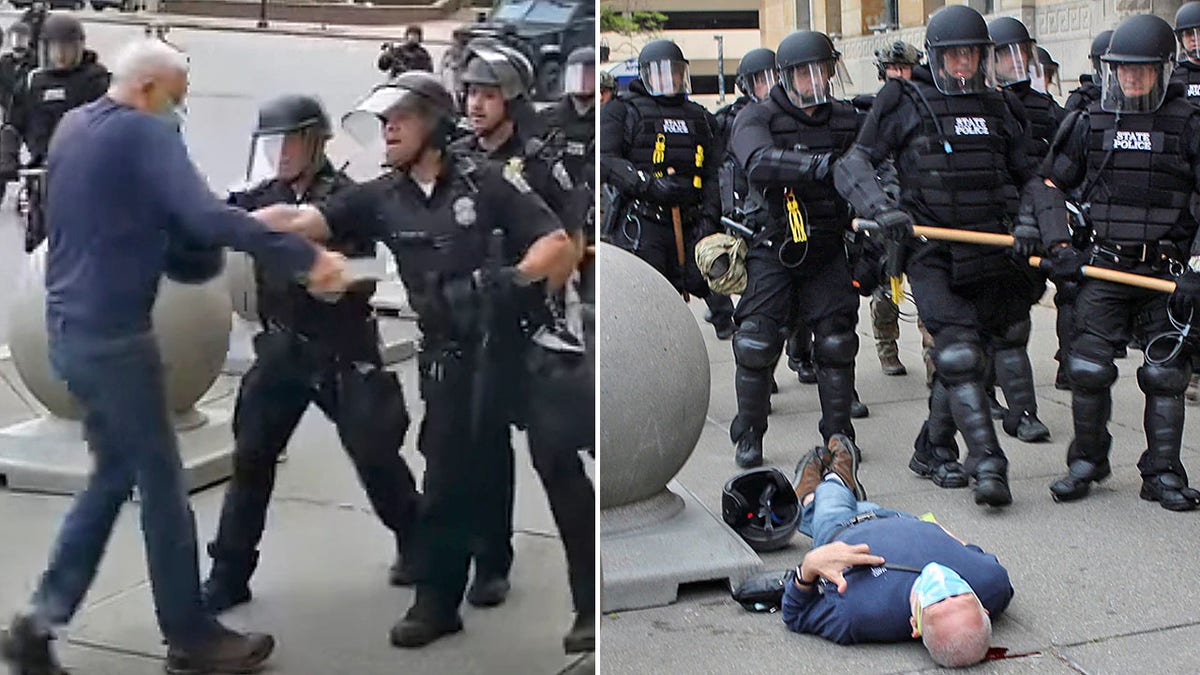 In this image from video provided by WBFO, a Buffalo police officer appears to shove a Martin Gugino who walked up to police. Video from WBFO shows the Gugino appearing to hit his head on the pavement, with blood leaking out as officers walk past to clear Niagara Square. Gugino's lawyer said Thursday that he suffered a brain injury. Buffalo police initially said in a statement that a person "was injured when he tripped &amp; fell.