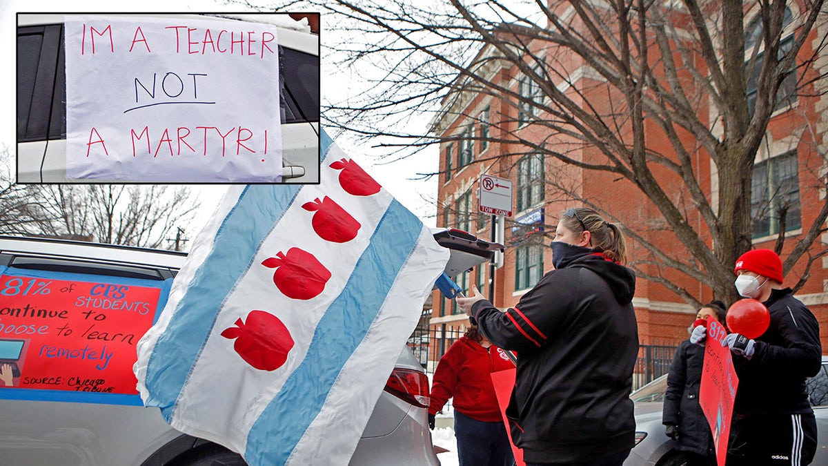 Supporters of the Chicago Teachers Union prepare for a car caravan on Jan. 30, 2021, during negotiations with Chicago Public Schools over a coronavirus safety plan agreement.