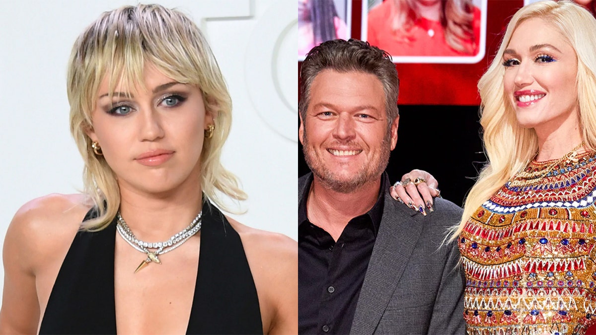 Miley Cyrus, left, offered to play wedding singer at Blake Shelton and Gwen Stefani's upcoming nuptials. 