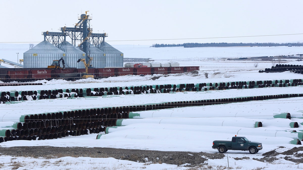 A depot used to store pipes for Transcanada Corp's planned Keystone XL oil pipeline is seen in Gascoyne, North Dakota, Jan. 25, 2017. Republican attorneys general sued President Biden over his decision to revoke the permit for the Keystone XL Pipeline.