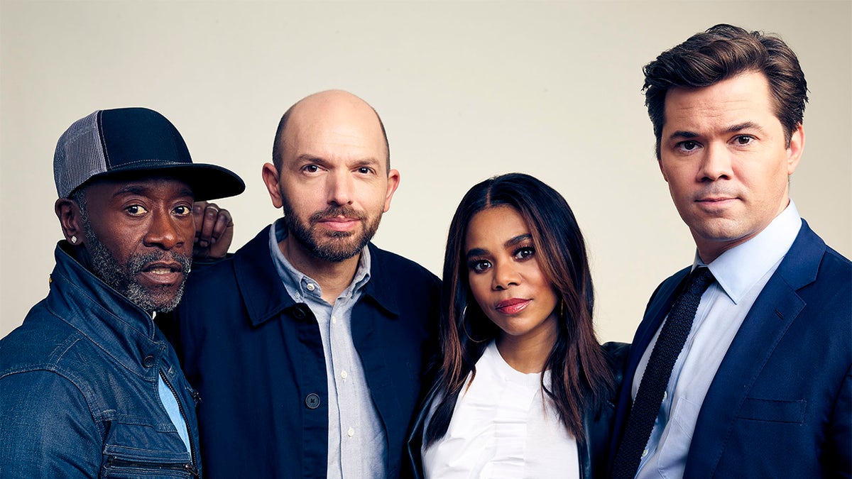 (L-R) Don Cheadle, Paul Scheer, Regina Hall, and Andrew Rannells of Showtime's 'Black Monday' pose for a portrait during the 2019 Winter TCA at The Langham Huntington, Pasadena on January 31, 2019, in Pasadena, California.
