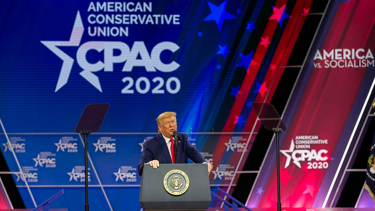 FILE - President Donald Trump speaks during the annual Conservative Political Action Conference (CPAC) at Gaylord National Resort &amp; Convention Center February 29, 2020 in National Harbor, Maryland. (Photo by Tasos Katopodis/Getty Images)