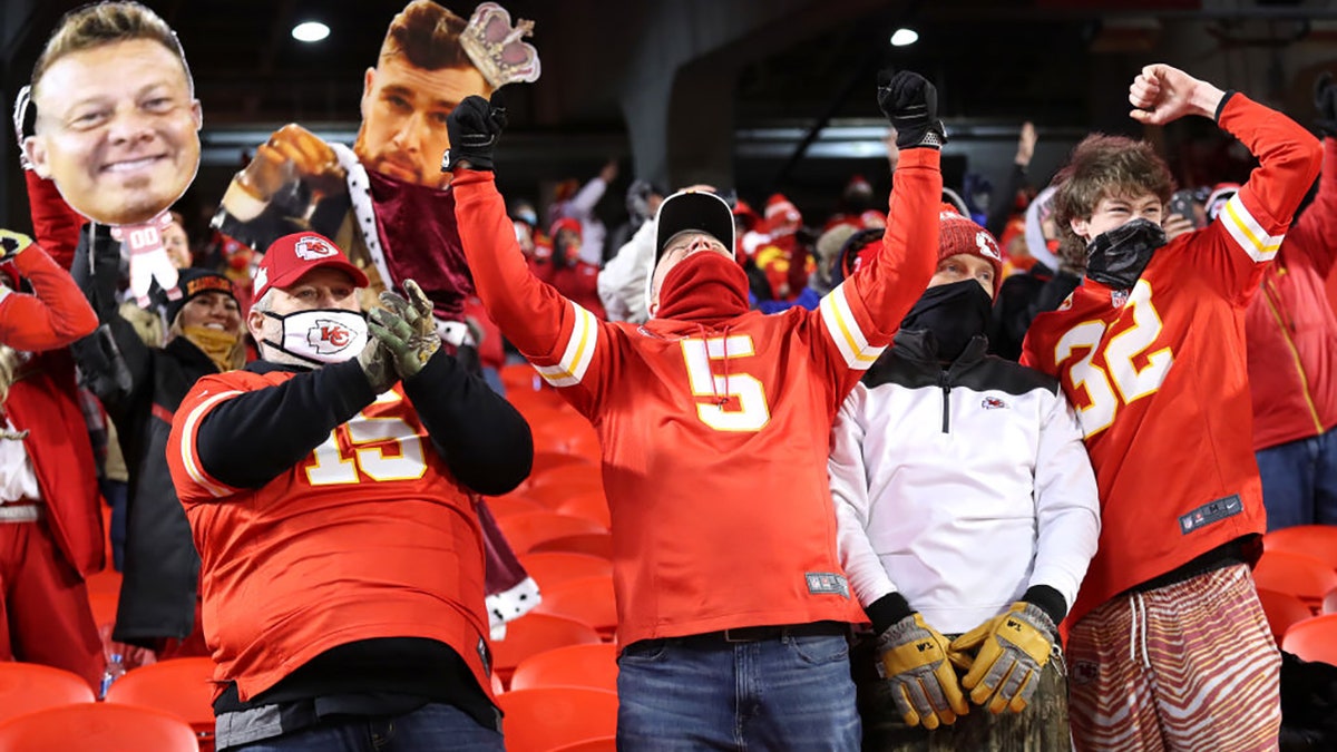 Kansas City Chiefs fans celebrate in the fourth quarter during the AFC Championship game between the Buffalo Bills and the Kansas City Chiefs at Arrowhead Stadium on January 24, 2021, in Kansas City, Missouri. (Photo by Jamie Squire/Getty Images)