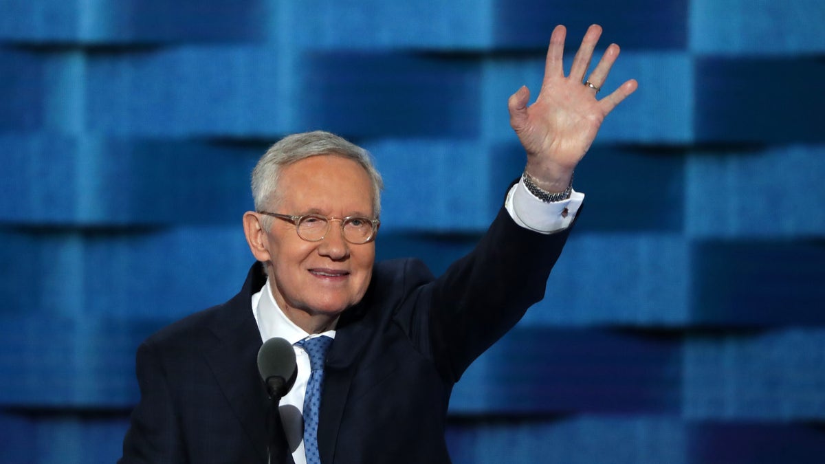 Sen. Minority Leader Sen. Harry Reid (D-NV) waves to the crowd on the third day of the 2016 Democratic National Convention in Philadelphia, Pennsylvania.