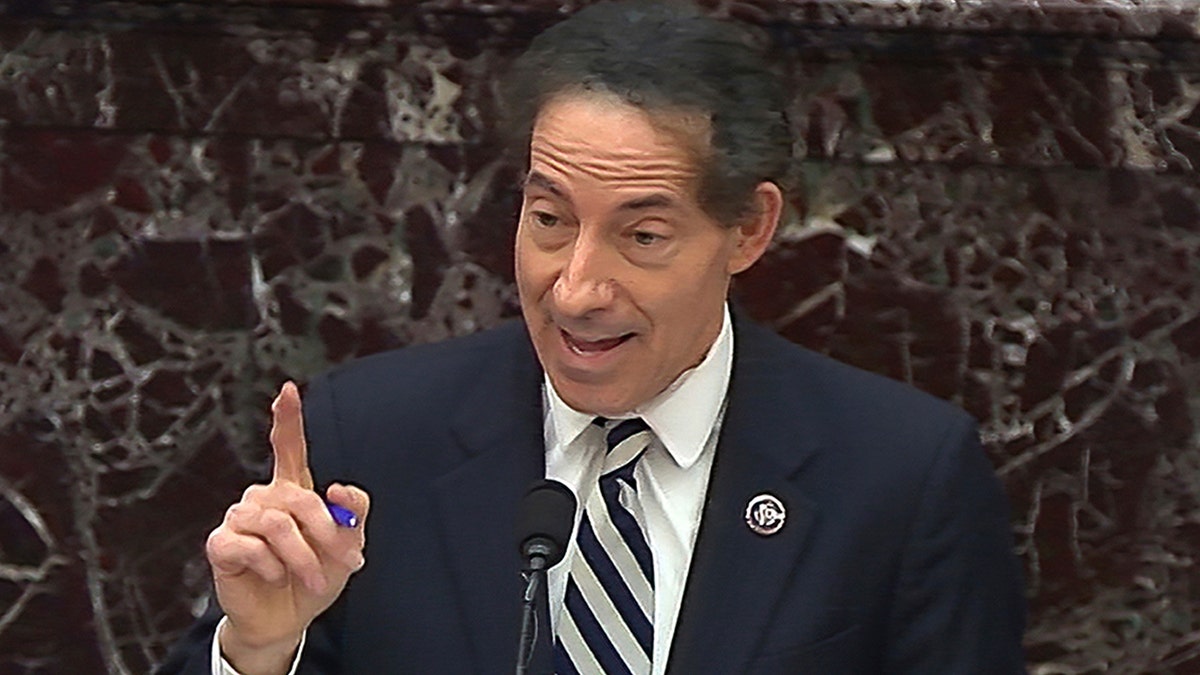 In this image from video, House impeachment manager Rep. Jamie Raskin, D-Md., speaks during the second impeachment trial of former President Donald Trump in the Senate at the U.S. Capitol in Washington, Thursday, Feb. 11, 2021. (Senate Television via AP)