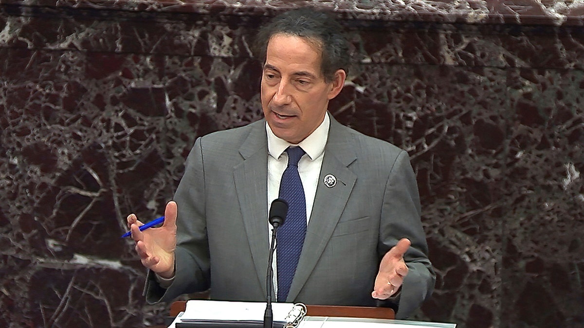 In this image from video, House impeachment manager Rep. Jamie Raskin, D-Md., speaks during the second impeachment trial of former President Donald Trump in the Senate at the U.S. Capitol in Washington, Wednesday, Feb. 10, 2021. (Senate Television via AP)