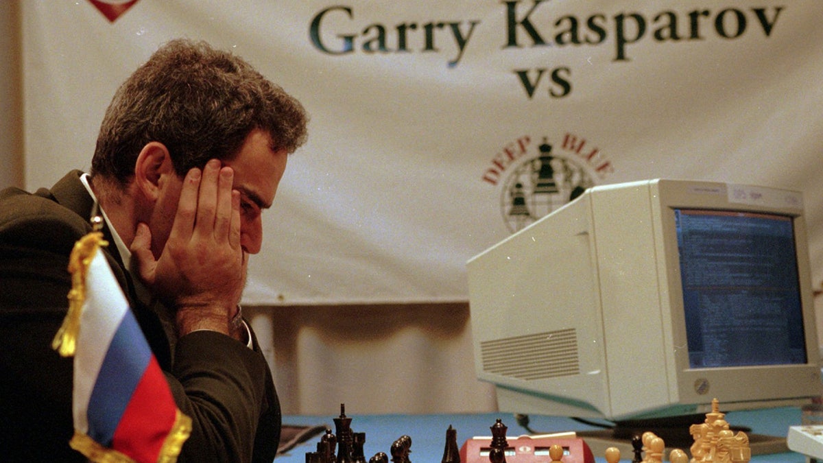 Garry Kasparov ponders his chess moves vs. IBM's Deep Blue on Feb.13, 1996 in Philadelphia, Pennsylvania (AP Photo/George Widman)