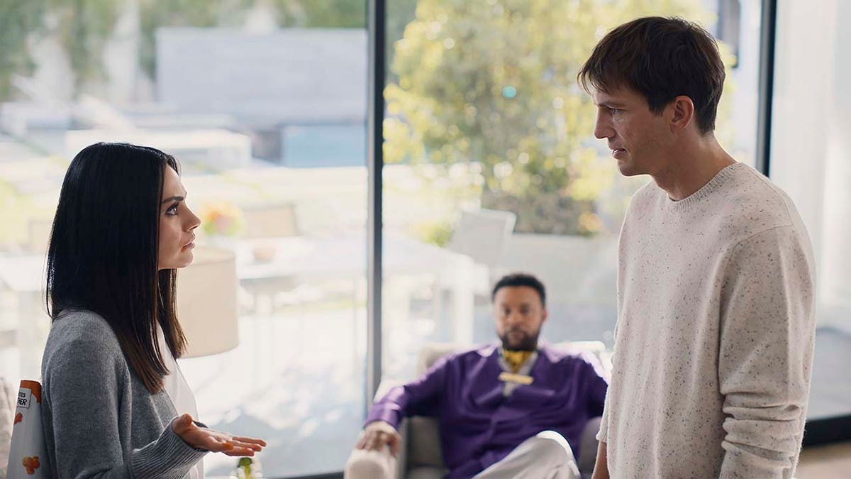 Mila Kunis (left), Shaggy (center, back) and Ashton Kutcher (right) in the Cheetos 2021 Super Bowl NFL football spot. (Frito-Lay via AP)