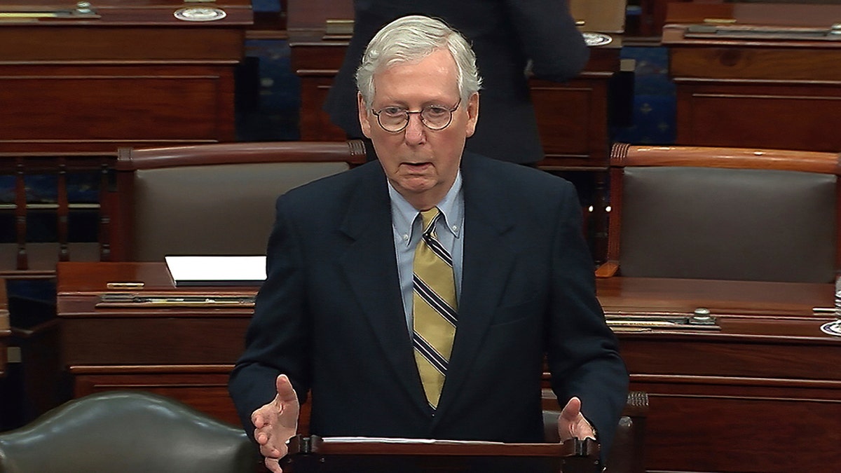 In this image from video, Senate Minority Leader Mitch McConnell of Ky., speaks after the Senate acquitted former President Donald Trump in his second impeachment trial in the Senate at the U.S. Capitol in Washington, Saturday, Feb. 13, 2021. (Senate Television via AP)