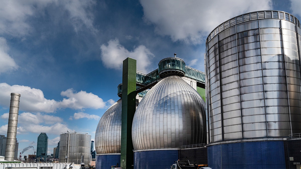 Department of Environmental Protection digester eggs stand at the Newtown Creek Wastewater Resource Recovery Facility Brooklyn.