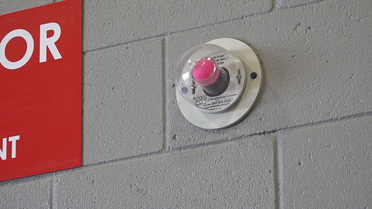 Doors throughout the station automatically close with an air pressure system that helps push out toxins. This pink ping pong ball demonstrates the air pressure moving back and forth. When the doors are closed you will see the ball and know the room is air tight. When the door opens the ball goes away