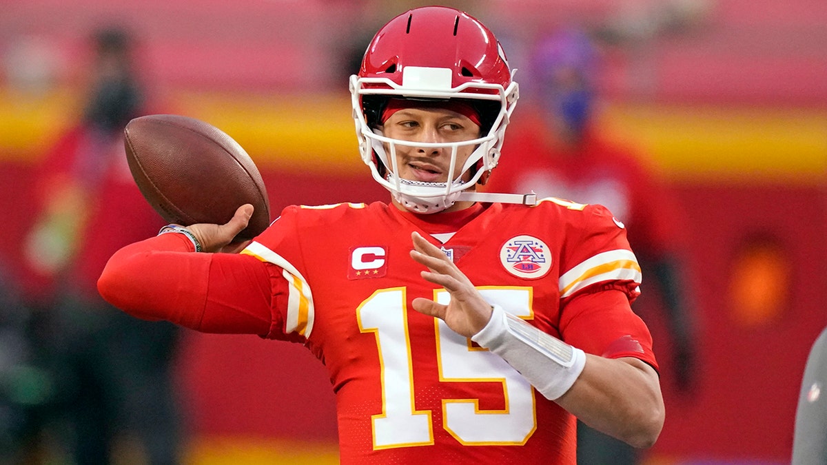 Kansas City Chiefs quarterback Patrick Mahomes warms up before the AFC championship NFL football game against the Buffalo Bills, Sunday, Jan. 24, 2021, in Kansas City, Mo. (Associated Press)